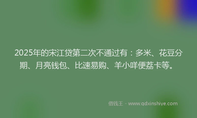 2025年的宋江贷第二次不通过有：多米、花豆分期、月亮钱包、比速易购、羊小咩便荔卡等。