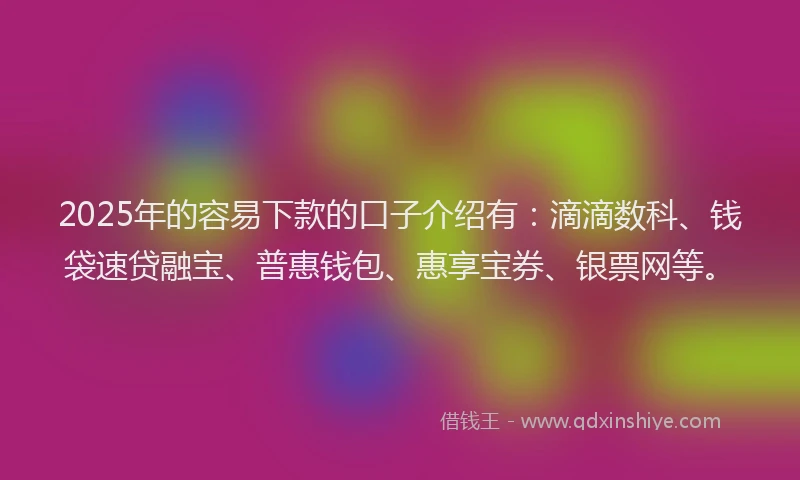 2025年的容易下款的口子介绍有：滴滴数科、钱袋速贷融宝、普惠钱包、惠享宝券、银票网等。