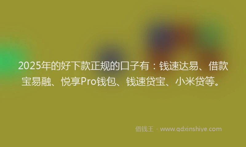 2025年的好下款正规的口子有：钱速达易、借款宝易融、悦享Pro钱包、钱速贷宝、小米贷等。