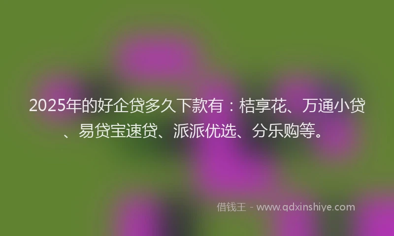 2025年的好企贷多久下款有：桔享花、万通小贷、易贷宝速贷、派派优选、分乐购等。