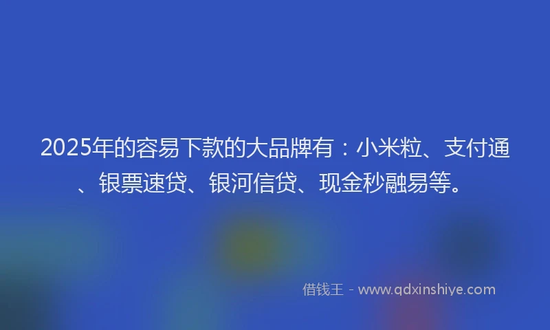 2025年的容易下款的大品牌有：小米粒、支付通、银票速贷、银河信贷、现金秒融易等。