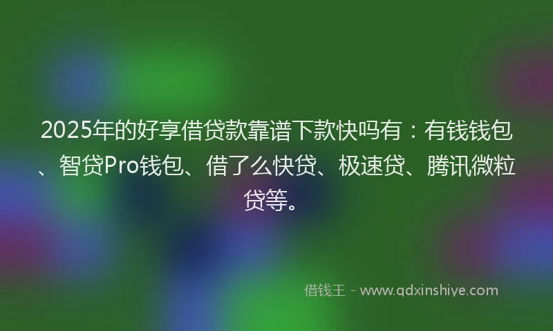 2025年的好享借贷款靠谱下款快吗有：有钱钱包、智贷Pro钱包、借了么快贷、极速贷、腾讯微粒贷等。