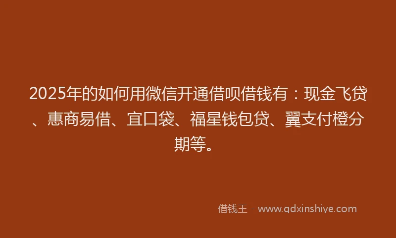 2025年的如何用微信开通借呗借钱有：现金飞贷、惠商易借、宜口袋、福星钱包贷、翼支付橙分期等。