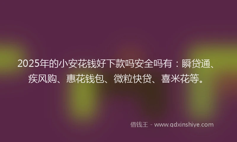 2025年的小安花钱好下款吗安全吗有：瞬贷通、疾风购、惠花钱包、微粒快贷、喜米花等。