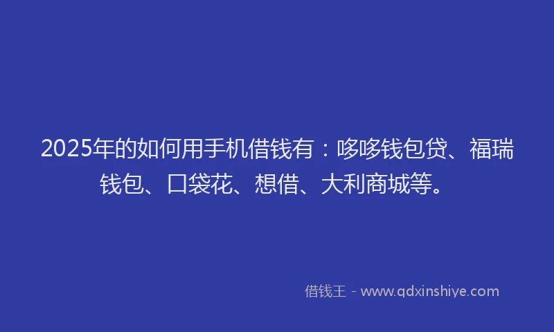 2025年的如何用手机借钱有：哆哆钱包贷、福瑞钱包、口袋花、想借、大利商城等。