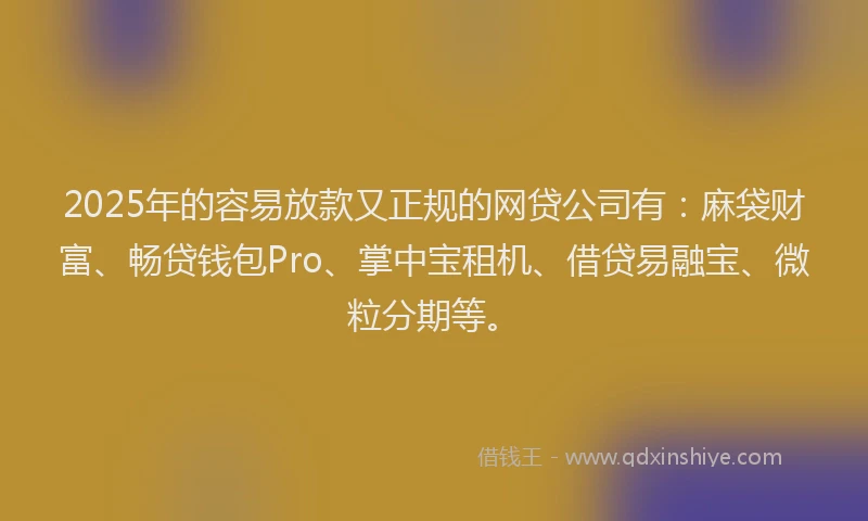 2025年的容易放款又正规的网贷公司有：麻袋财富、畅贷钱包Pro、掌中宝租机、借贷易融宝、微粒分期等。