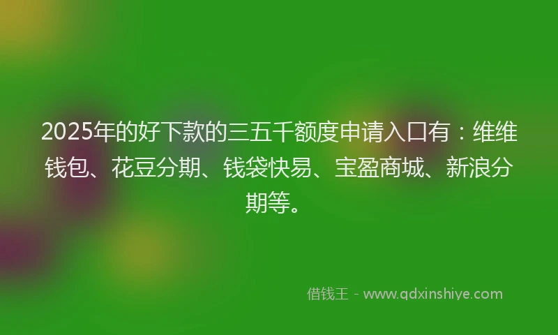 2025年的好下款的三五千额度申请入口有：维维钱包、花豆分期、钱袋快易、宝盈商城、新浪分期等。