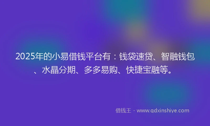 2025年的小易借钱平台有：钱袋速贷、智融钱包、水晶分期、多多易购、快捷宝融等。
