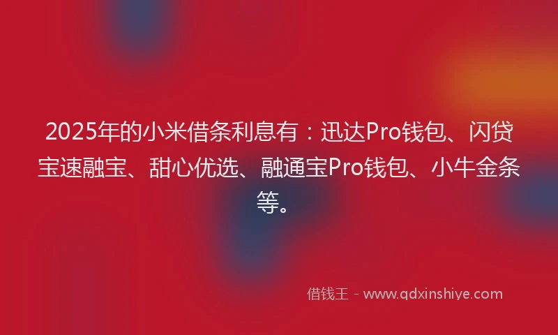 2025年的小米借条利息有:迅达Pro钱包、闪贷宝速融宝、甜心优选、融通宝Pro钱包、小牛金条等。