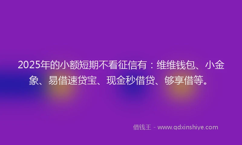 2025年的小额短期不看征信有：维维钱包、小金象、易借速贷宝、现金秒借贷、够享借等。
