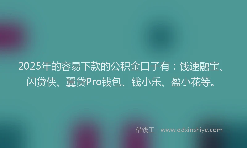 2025年的容易下款的公积金口子有：钱速融宝、闪贷侠、翼贷Pro钱包、钱小乐、盈小花等。