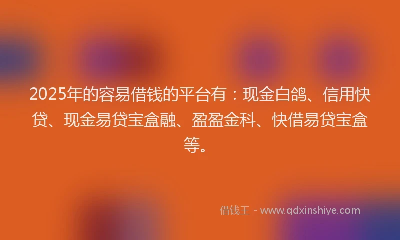 2025年的容易借钱的平台有：现金白鸽、信用快贷、现金易贷宝盒融、盈盈金科、快借易贷宝盒等。