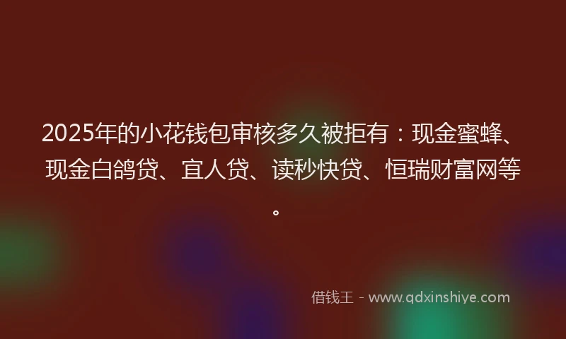 2025年的小花钱包审核多久被拒有：现金蜜蜂、现金白鸽贷、宜人贷、读秒快贷、恒瑞财富网等。