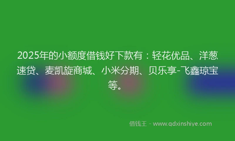 2025年的小额度借钱好下款有：轻花优品、洋葱速贷、麦凯旋商城、小米分期、贝乐享-飞鑫琼宝等。