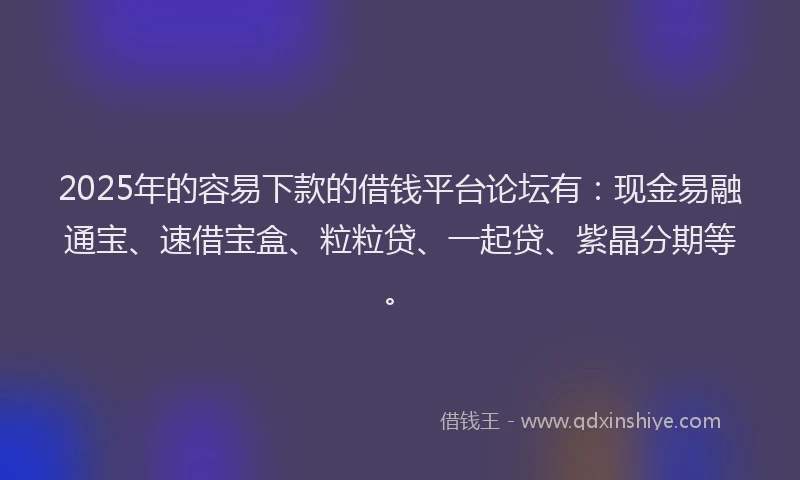 2025年的容易下款的借钱平台论坛有：现金易融通宝、速借宝盒、粒粒贷、一起贷、紫晶分期等。