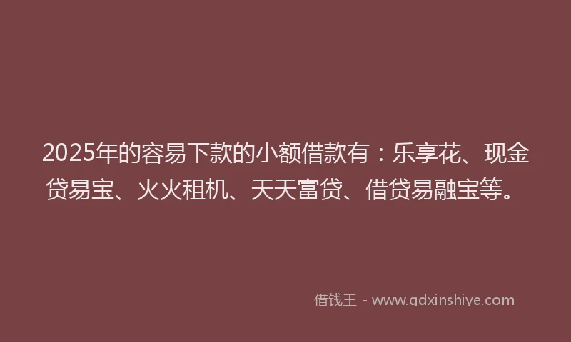 2025年的容易下款的小额借款有：乐享花、现金贷易宝、火火租机、天天富贷、借贷易融宝等。