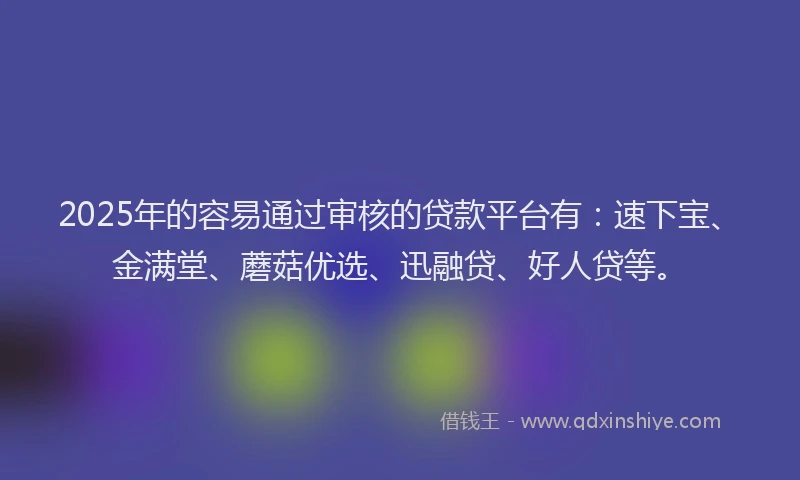 2025年的容易通过审核的贷款平台有：速下宝、金满堂、蘑菇优选、迅融贷、好人贷等。
