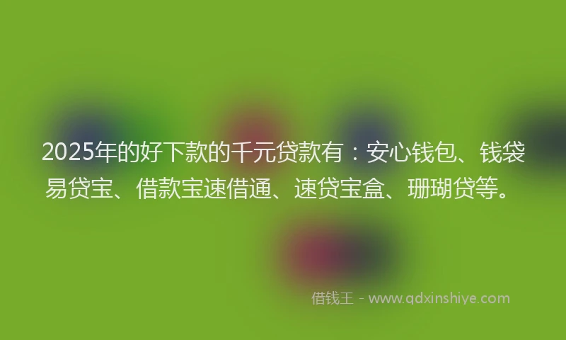 2025年的好下款的千元贷款有：安心钱包、钱袋易贷宝、借款宝速借通、速贷宝盒、珊瑚贷等。