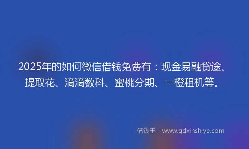 2025年的如何微信借钱免费有：现金易融贷途、提取花、滴滴数科、蜜桃分期、一橙租机等。