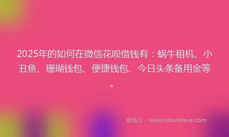 2025年的如何在微信花呗借钱有：蜗牛租机、小丑鱼、珊瑚钱包、便捷钱包、今日头条备用金等。