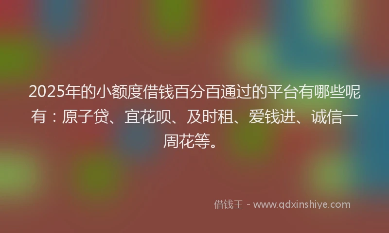 2025年的小额度借钱百分百通过的平台有哪些呢有：原子贷、宜花呗、及时租、爱钱进、诚信一周花等。