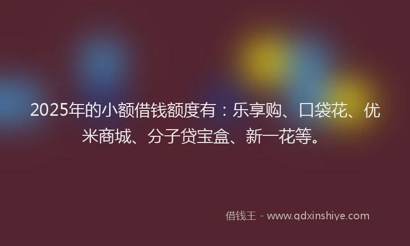 2025年的小额借钱额度有：乐享购、口袋花、优米商城、分子贷宝盒、新一花等。