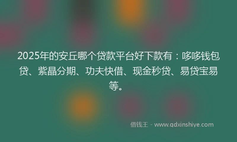 2025年的安丘哪个贷款平台好下款有：哆哆钱包贷、紫晶分期、功夫快借、现金秒贷、易贷宝易等。