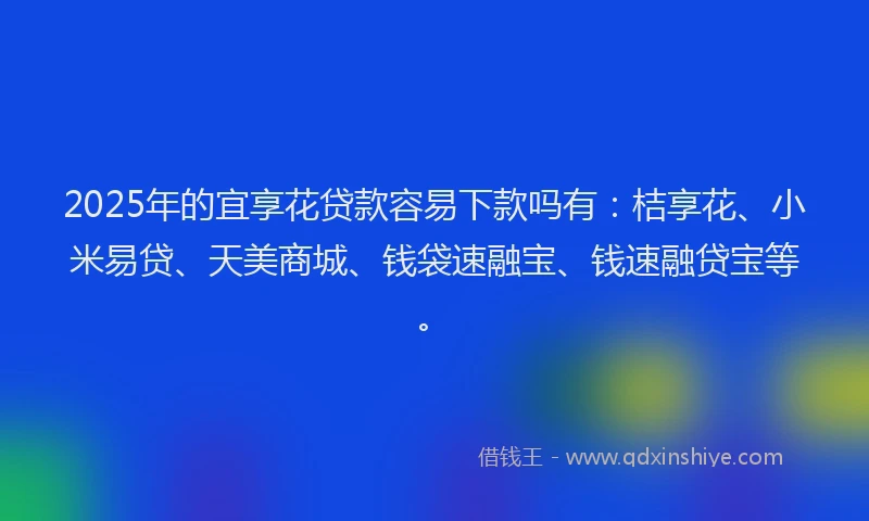 2025年的宜享花贷款容易下款吗有：桔享花、小米易贷、天美商城、钱袋速融宝、钱速融贷宝等。