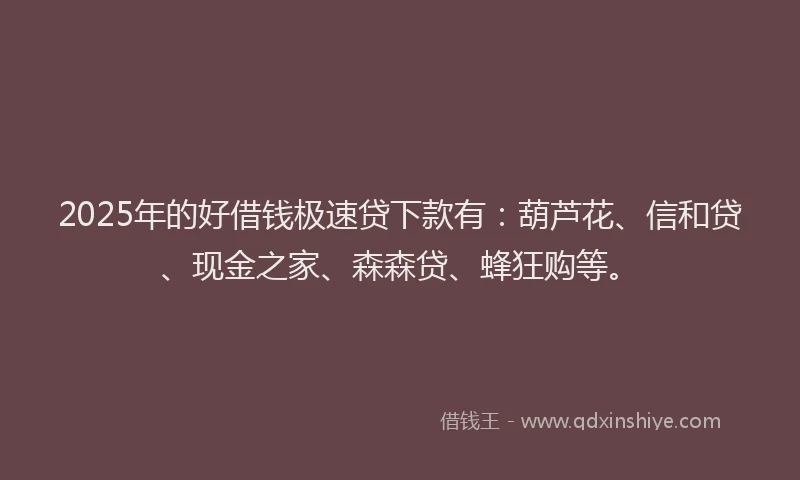 2025年的好借钱极速贷下款有：葫芦花、信和贷、现金之家、森森贷、蜂狂购等。