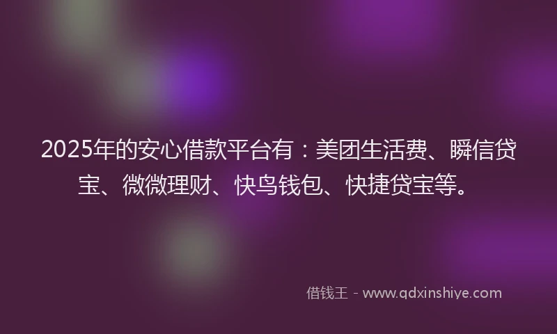 2025年的安心借款平台有：美团生活费、瞬信贷宝、微微理财、快鸟钱包、快捷贷宝等。