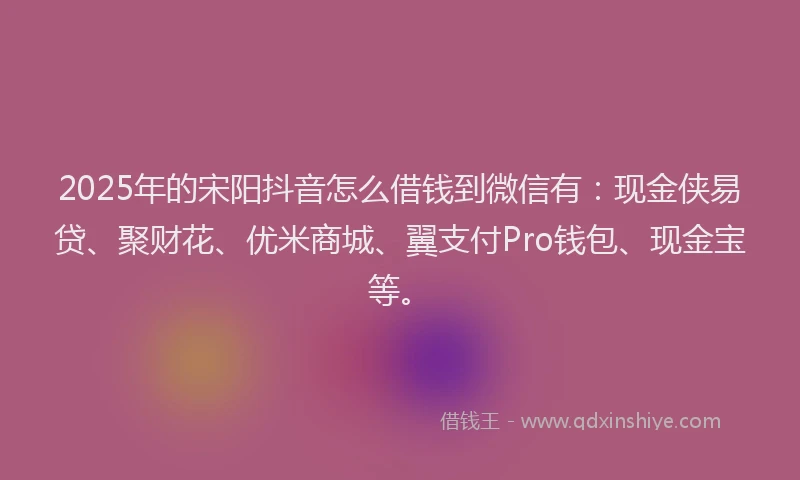 2025年的宋阳抖音怎么借钱到微信有：现金侠易贷、聚财花、优米商城、翼支付Pro钱包、现金宝等。
