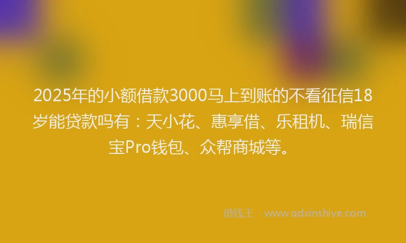 2025年的小额借款3000马上到账的不看征信18岁能贷款吗有：天小花、惠享借、乐租机、瑞信宝Pro钱包、众帮商城等。