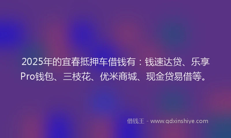 2025年的宜春抵押车借钱有：钱速达贷、乐享Pro钱包、三枝花、优米商城、现金贷易借等。