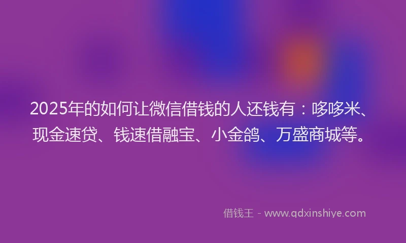 2025年的如何让微信借钱的人还钱有：哆哆米、现金速贷、钱速借融宝、小金鸽、万盛商城等。