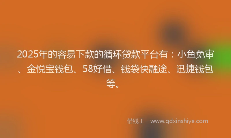 2025年的容易下款的循环贷款平台有：小鱼免审、金悦宝钱包、58好借、钱袋快融途、迅捷钱包等。