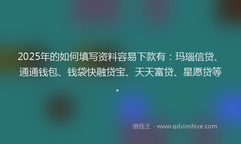 2025年的如何填写资料容易下款有：玛瑙信贷、通通钱包、钱袋快融贷宝、天天富贷、星愿贷等。
