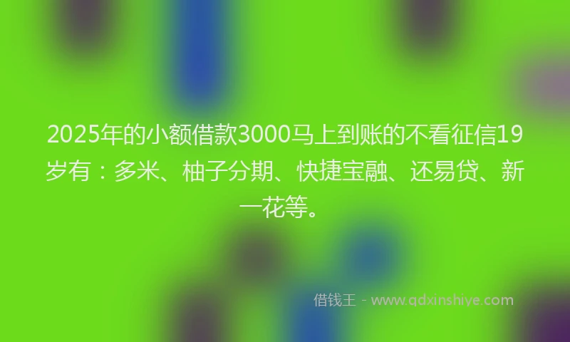 2025年的小额借款3000马上到账的不看征信19岁有：多米、柚子分期、快捷宝融、还易贷、新一花等。