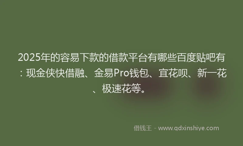 2025年的容易下款的借款平台有哪些百度贴吧有：现金侠快借融、金易Pro钱包、宜花呗、新一花、极速花等。