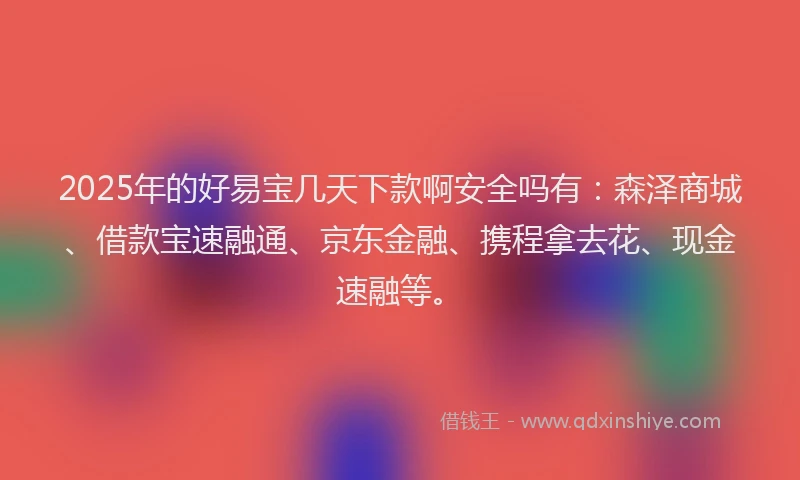 2025年的好易宝几天下款啊安全吗有：森泽商城、借款宝速融通、京东金融、携程拿去花、现金速融等。