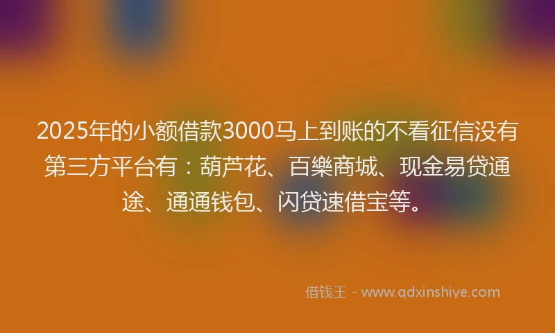 2025年的小额借款3000马上到账的不看征信没有第三方平台有：葫芦花、百樂商城、现金易贷通途、通通钱包、闪贷速借宝等。