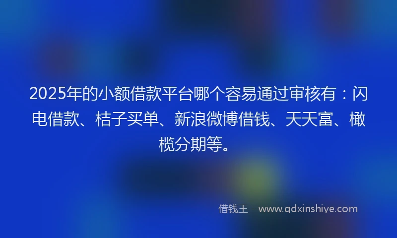 2025年的小额借款平台哪个容易通过审核有：闪电借款、桔子买单、新浪微博借钱、天天富、橄榄分期等。