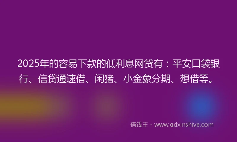 2025年的容易下款的低利息网贷有：平安口袋银行、信贷通速借、闲猪、小金象分期、想借等。