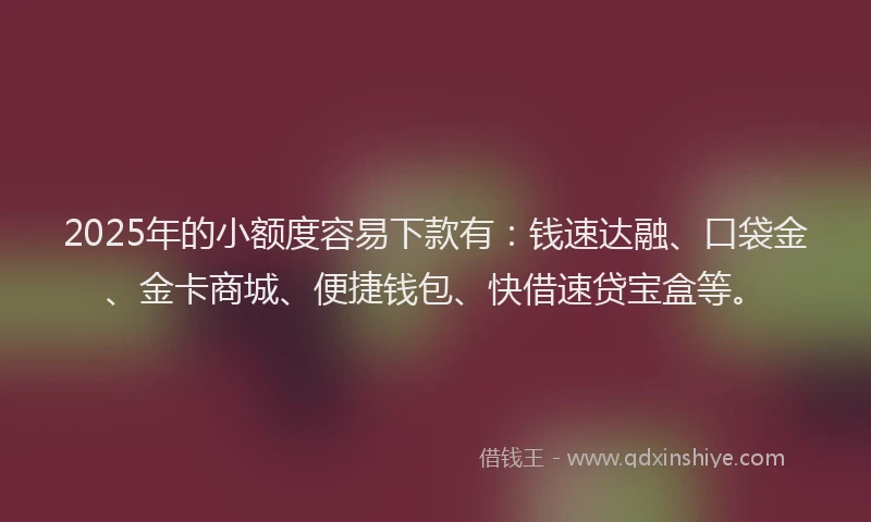 2025年的小额度容易下款有:钱速达融、口袋金、金卡商城、便捷钱包、快借速贷宝盒等。