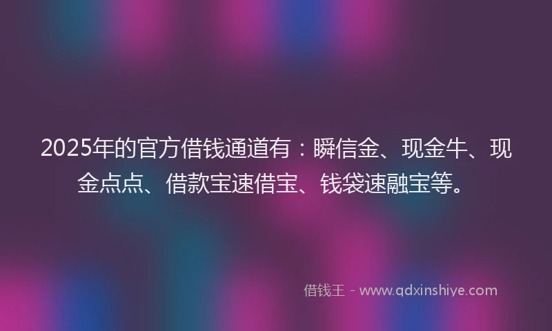 2025年的官方借钱通道有：瞬信金、现金牛、现金点点、借款宝速借宝、钱袋速融宝等。