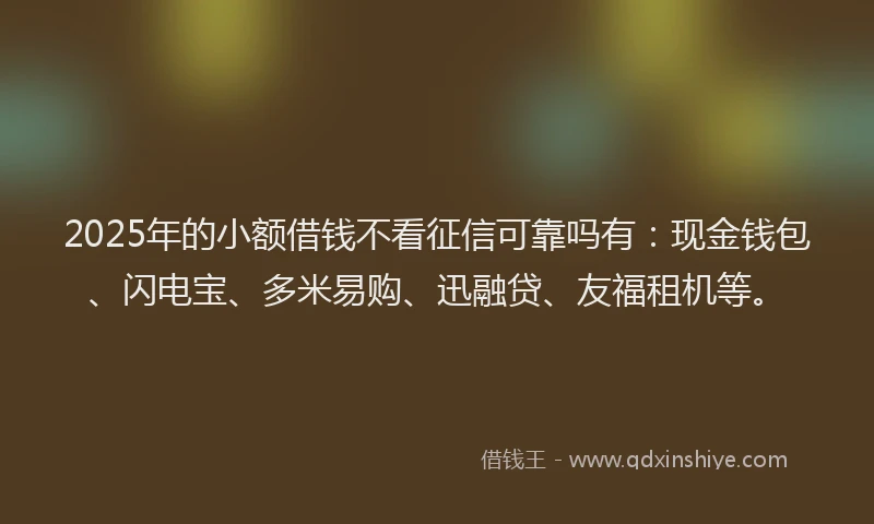 2025年的小额借钱不看征信可靠吗有：现金钱包、闪电宝、多米易购、迅融贷、友福租机等。