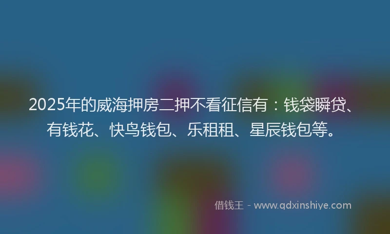 2025年的威海押房二押不看征信有：钱袋瞬贷、有钱花、快鸟钱包、乐租租、星辰钱包等。