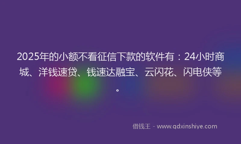 2025年的小额不看征信下款的软件有：24小时商城、洋钱速贷、钱速达融宝、云闪花、闪电侠等。