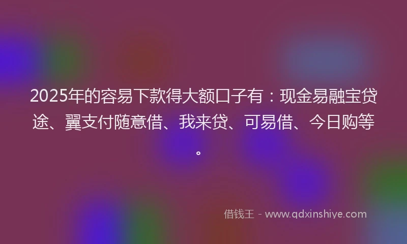 2025年的容易下款得大额口子有：现金易融宝贷途、翼支付随意借、我来贷、可易借、今日购等。