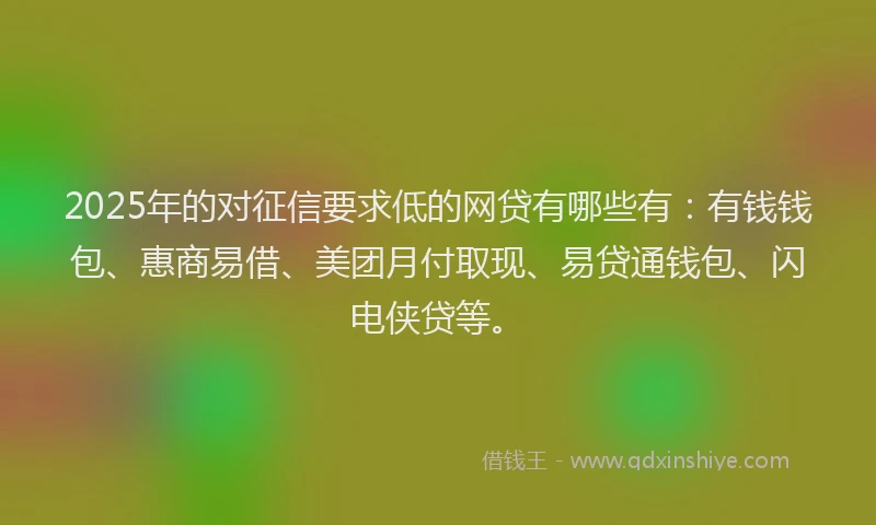 2025年的对征信要求低的网贷有哪些有：有钱钱包、惠商易借、美团月付取现、易贷通钱包、闪电侠贷等。