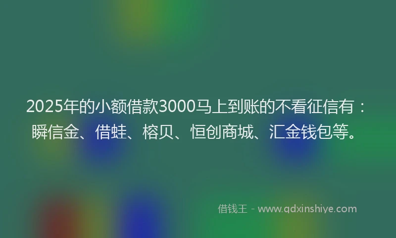 2025年的小额借款3000马上到账的不看征信有：瞬信金、借蛙、榕贝、恒创商城、汇金钱包等。
